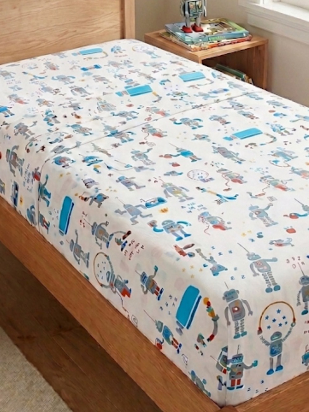Land of Nod Twin Flat Sheet Robot Print Organic Cotton Kids Bedding